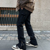 Men Jeans Zipper Slit Casual Pants Loose Straight Bootcut Pants